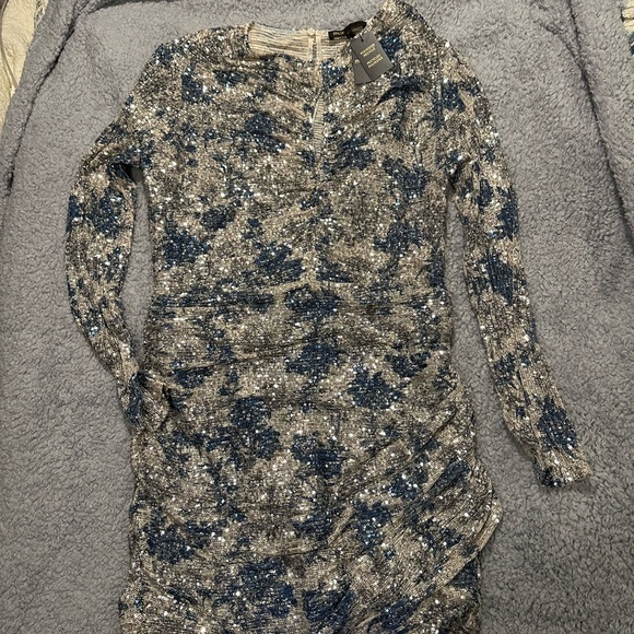 Maje Elegant Blue and Cream Long Sleeve Dress - Picture 6 of 6